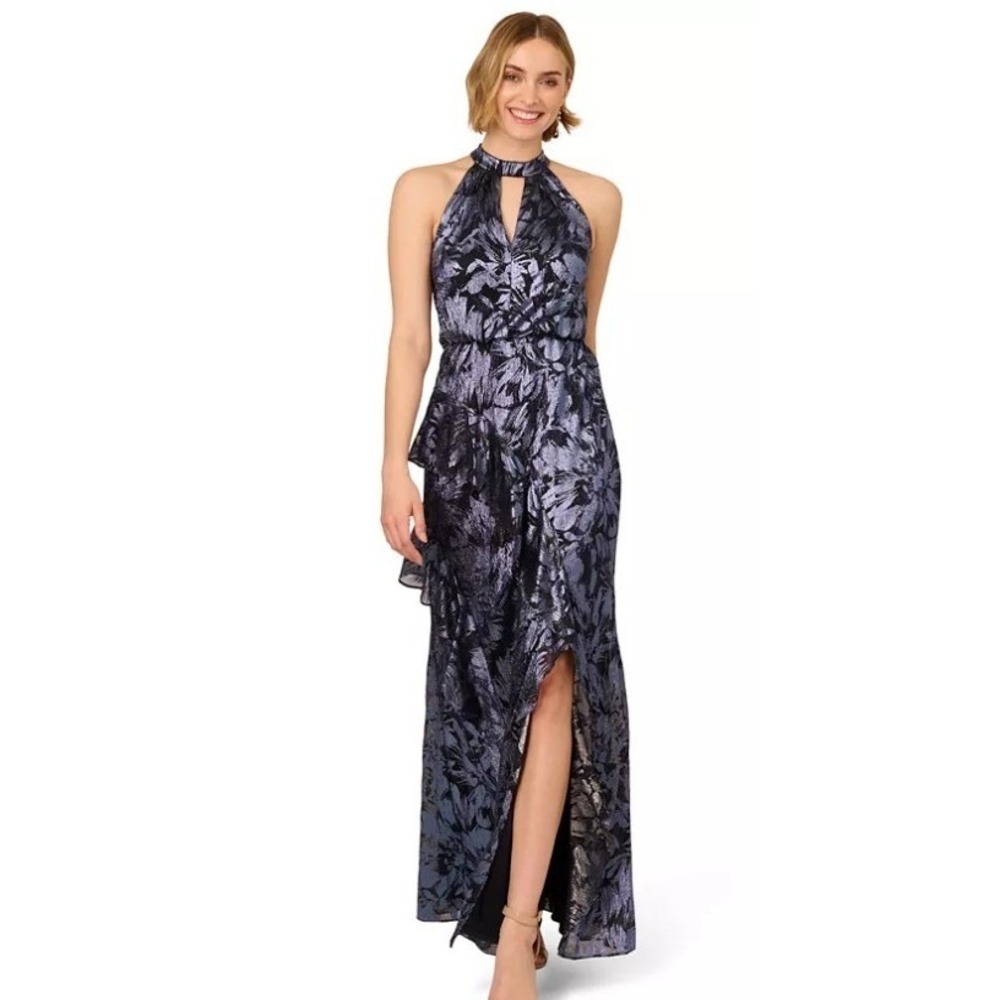 Adrianna Papell Womens Size 10 Crinkle Metallic Halter Gown Black Purple NWT